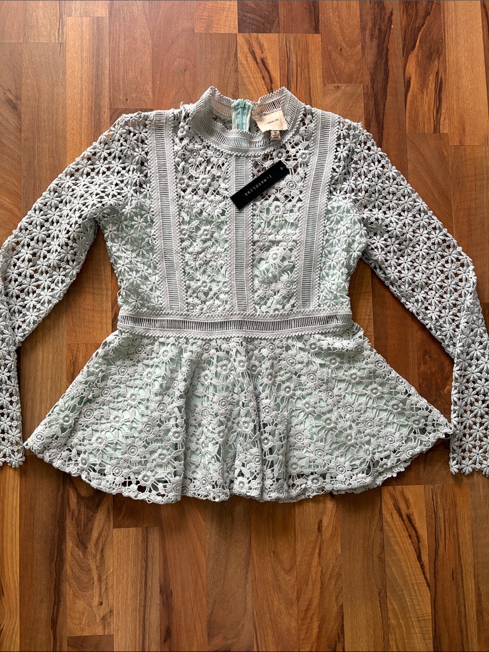 I. Madeline Woman’s Crochet Lace Peplum Blouse in Mint Green Size M NWT